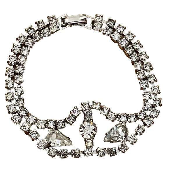 Vintage Bracelet Art Deco Faux Diamond Rhinestone Silver Tone Metal - Picture 1 of 10
